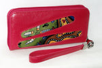 Michaela  Hot pink leather possum fabric detail ladies zip around purse side 2