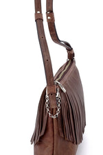 Rosie Chocolate leather small tote bag leather lined fringing showing shoulder strap adjustment
