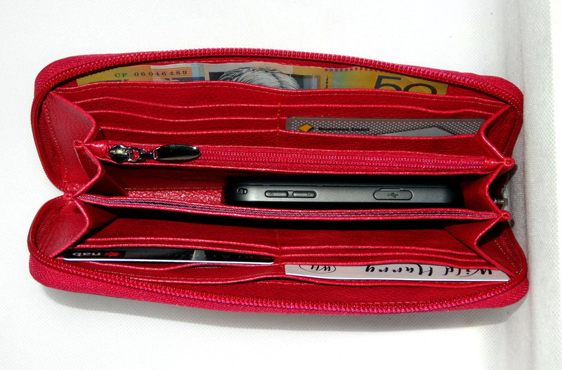 Michaela  Hot pink leather possum fabric detail ladies zip around purse inside pocket layout