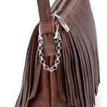 Rosie Chocolate leather small tote bag leather lined fringing showing chain detail