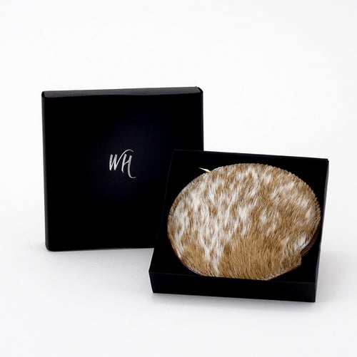 Coin Purse - Round Hair on cow hide leather showing in box