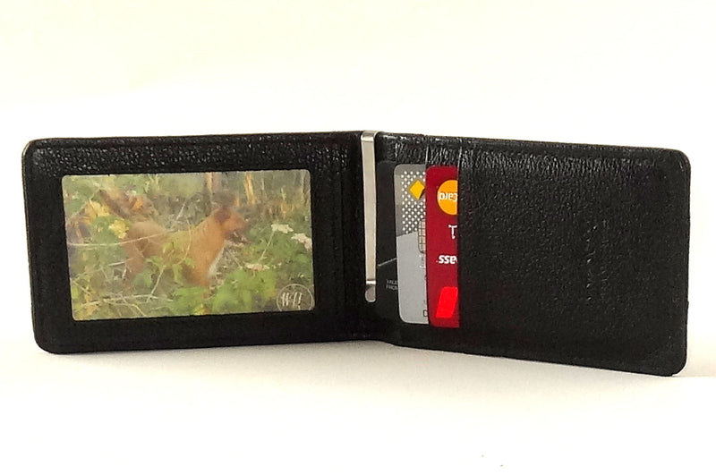 Bill fold wallet inside view black leather in use