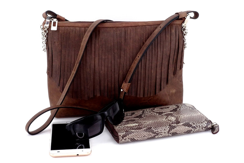 Rosie Chocolate leather small tote bag leather lined fringing shown with purse phone and sunglasses