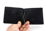 Bill fold - Andrew - Black leather men's wallet showing inside layout held in a hand