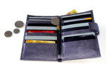 Julie Large ladies clutch purse Silver Kangaroo printed leather inside in use showing coins