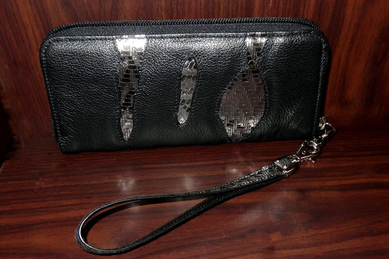 Michaela  Black leather silver sparkle detail ladies zip around purse