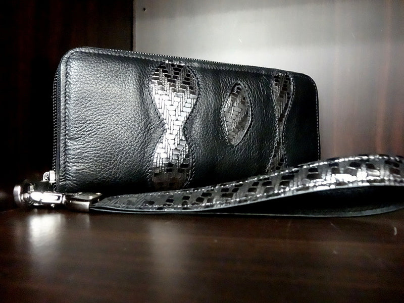 Michaela  Black leather silver sparkle detail ladies zip around purse