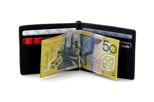 Bill fold - Andrew - Black leather men's wallet showing inside fully in use