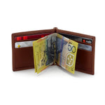 Bill fold - Andrew - Brown leather men's wallet showing inside fully loaded
