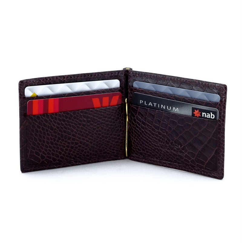 Bill fold - Andrew - Burgundy printed leather men's wallet showing inside layout with credit cards in place