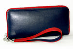 Michaela  Navy blue kangaroo with red zip ladies zip around purse side 2