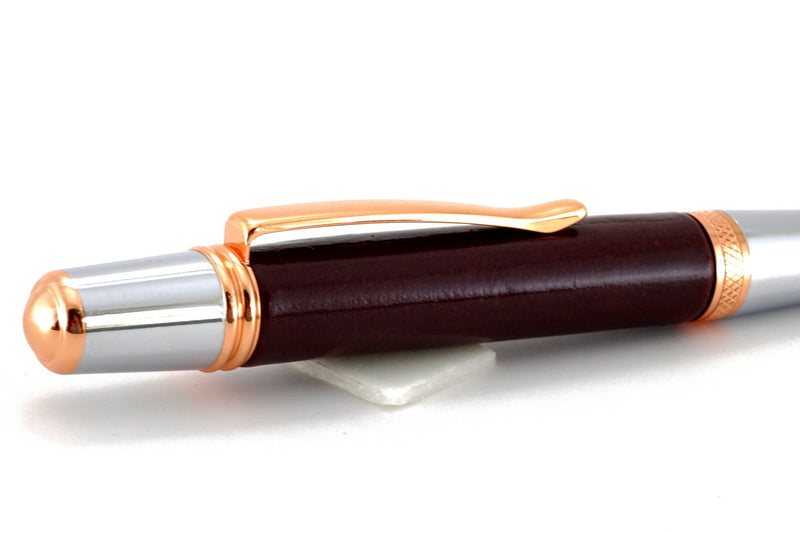 Pen Sierra copper & chrome plating brown leather single barrel cap end view