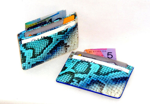 Card Holder  Centre pocket business or credit cards blue snake print leather