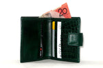 Christine  Bottle green leather small ladies purse wallet inside view showing money and credit cards is use
