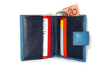 Christine  Blue goat leather small ladies purse wallet showing inside in use