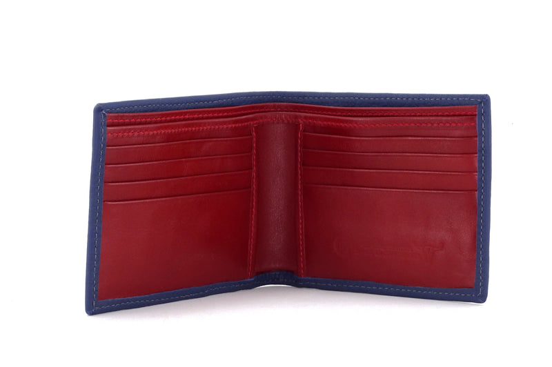 Martin  Storm Cloud blue leather man's large bi fold hip wallet showing inside pocket layout