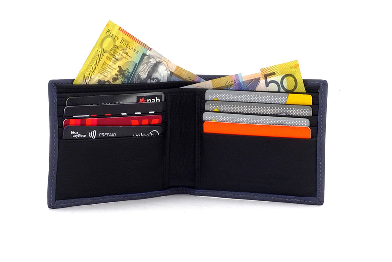 Martin  Grey textured leather man's bi fold hip wallet inside pockets in use