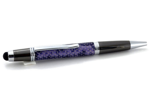 Pen Sierra stylus chrome & gun metal purple snake printed leather single barrel stylus tip view
