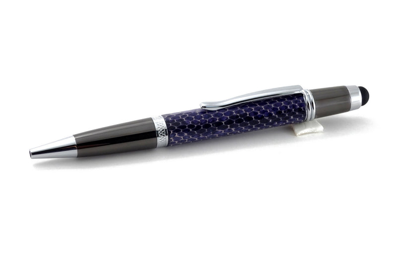 Pen Sierra stylus chrome & gun metal purple snake printed leather single barrel front view
