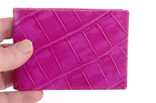 Pink crocodile printed leather small men's wallet held in hand