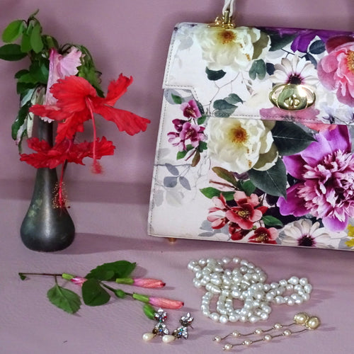 Handbag -traditional - (Joan) - Bright floral canvas & cream leather