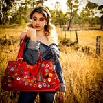 Felicity  Rojo leather flower detail tassel large tote bag with model