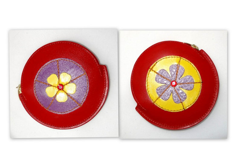 Coin Purse - Round decorated leather with zip Red with flowers on both sides