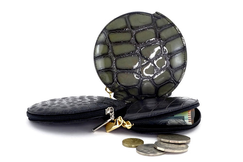 Coin Purse - Round printed leather with zip group showing money