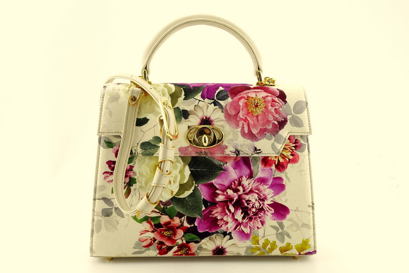 Handbag -traditional - (Joan) - Bright floral canvas & cream leather showing front view with shoulder strap attached