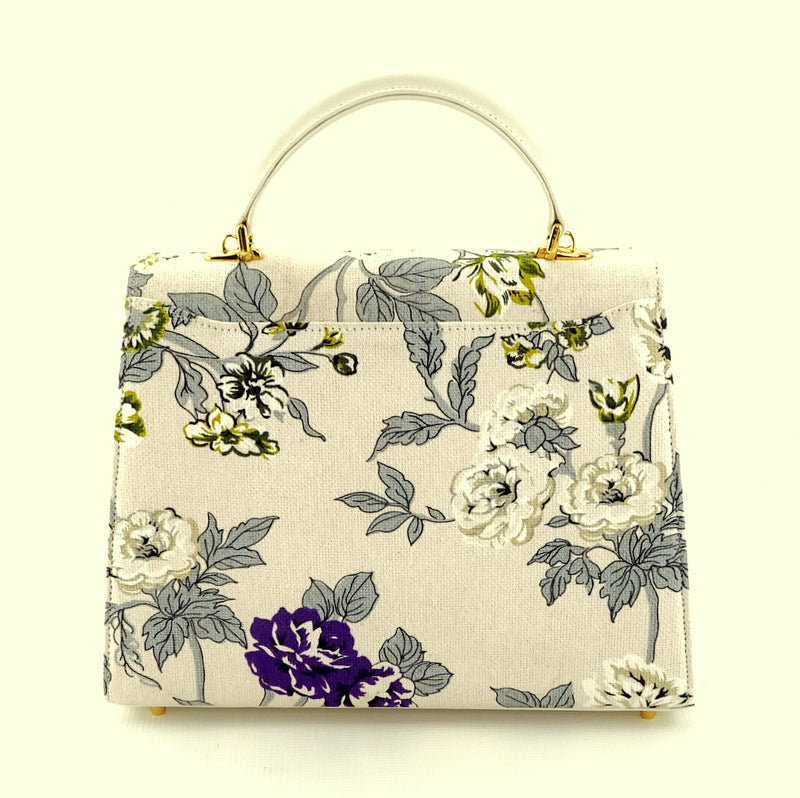 Handbag -traditional - (Joan) Floral canvas & leather - gold fittings showing back view with slip pocket
