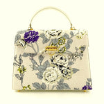 Handbag -traditional - (Joan) Floral canvas & leather - gold fittings showing front view without the shoulder strap