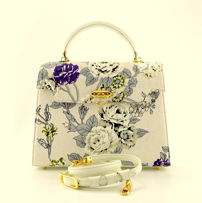 Handbag -traditional - (Joan) Floral canvas & leather - gold fittings showing front view with shoulder strap not attached