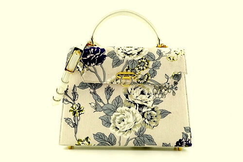Handbag -traditional - (Joan) Floral canvas & leather - gold fittings - front view with shoulder strap attached
