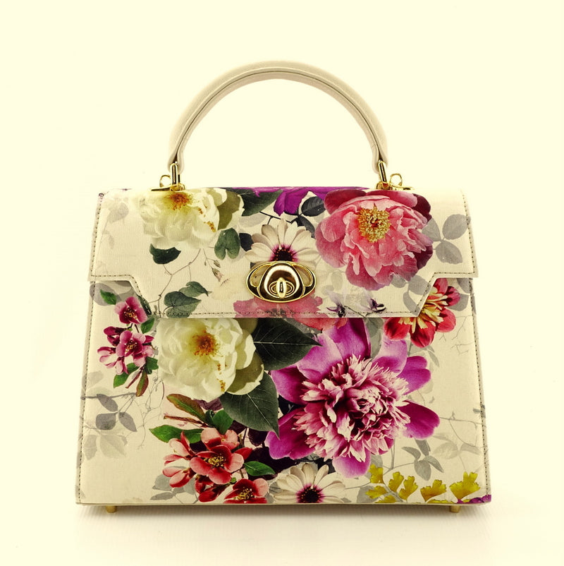 Handbag -traditional - (Joan) - Bright floral canvas & cream leather showing front view no shoulder strap