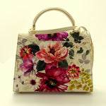 Handbag -traditional - (Joan) - Bright floral canvas & cream leather showing back view with shoulder strap attached