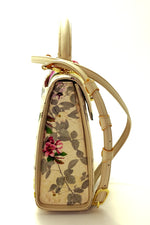 Handbag -traditional - (Joan) - Bright floral canvas & cream leather showing side view of gusset & front with shoulder strap attached.