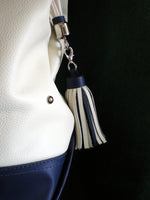 Felicity  Navy blue kangaroo cream leather stud detail large tote bag zip end tassel