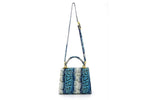 Handbag - traditional - (Beverly) Blue & white printed leather showing flat back view with shoulder strap attached and extended