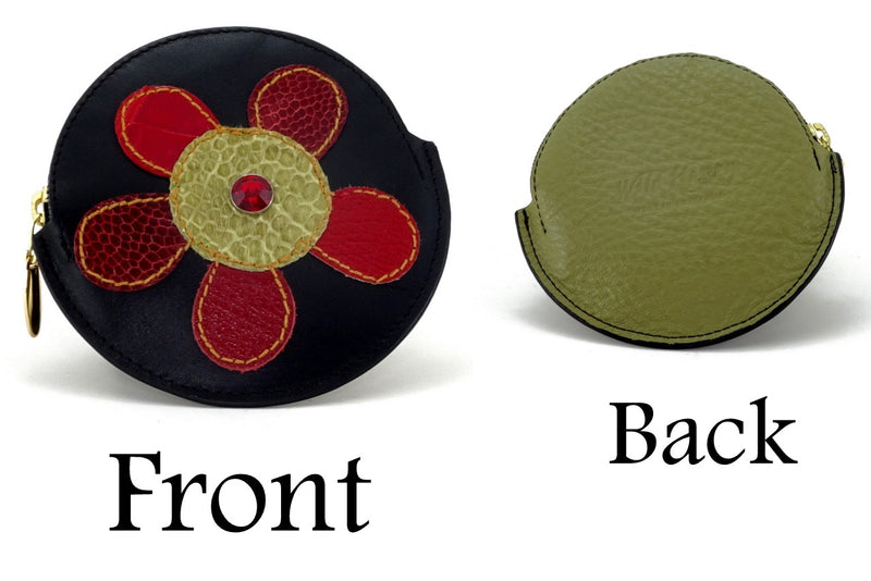 Coin Purse Round decorated front, black leather back with zip