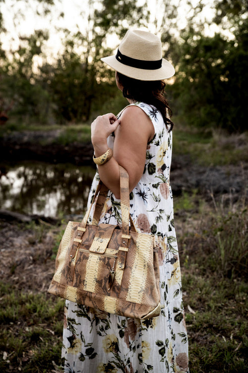 Felicity large tote bag lemon & brown snake printed leather showen on model